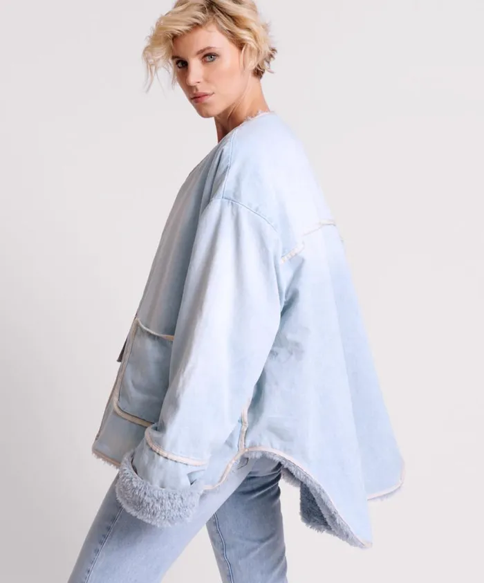 One Teaspoon Denim Jackets Women Blue Space Teddy Throw Over Denim Jacket