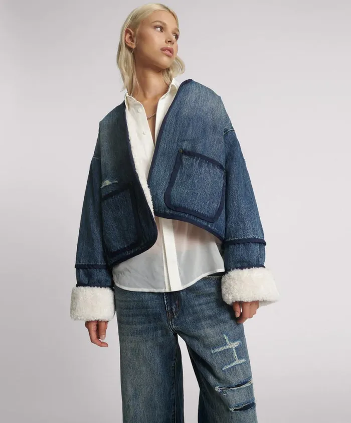 One Teaspoon Denim Jackets Women Boys Club Blue Teddy Cropped Jacket