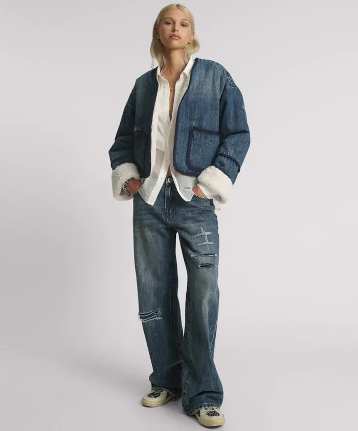 One Teaspoon Denim Jackets Women Boys Club Blue Teddy Cropped Jacket