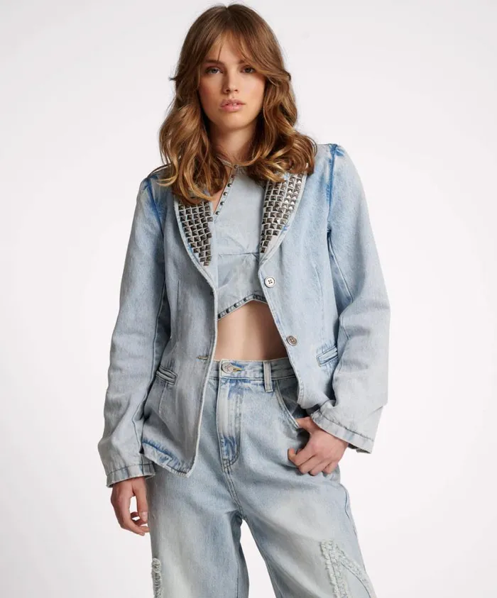 One Teaspoon Denim Jackets Women Diamonde Studded Denim Blazer
