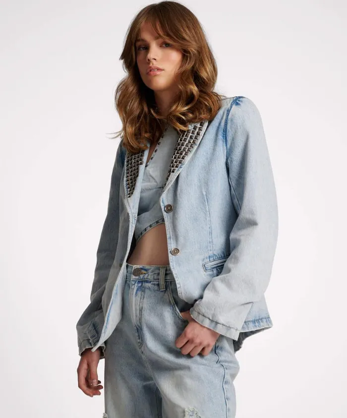 One Teaspoon Denim Jackets Women Diamonde Studded Denim Blazer