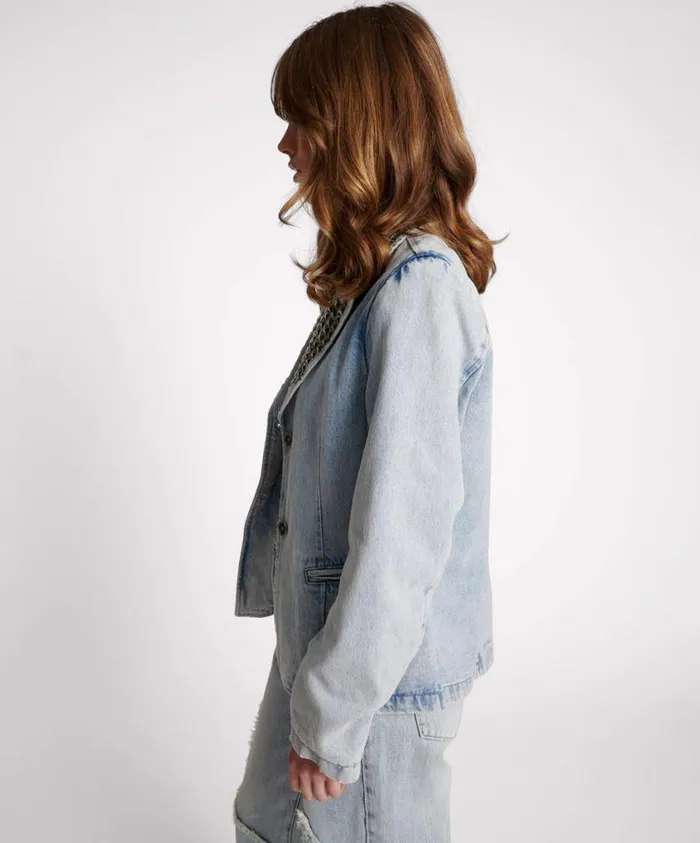 One Teaspoon Denim Jackets Women Diamonde Studded Denim Blazer