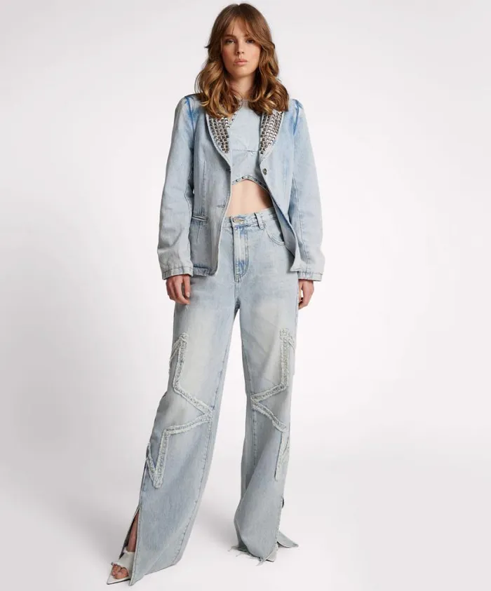 One Teaspoon Denim Jackets Women Diamonde Studded Denim Blazer