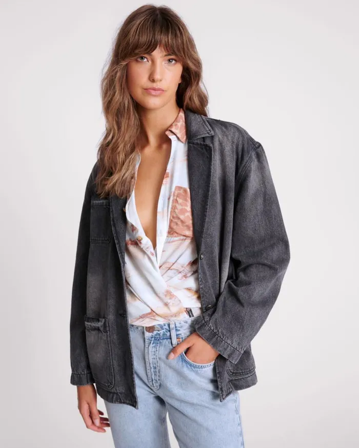 One Teaspoon Denim Jackets Women Worn Black Denim Boyfriend Blazer