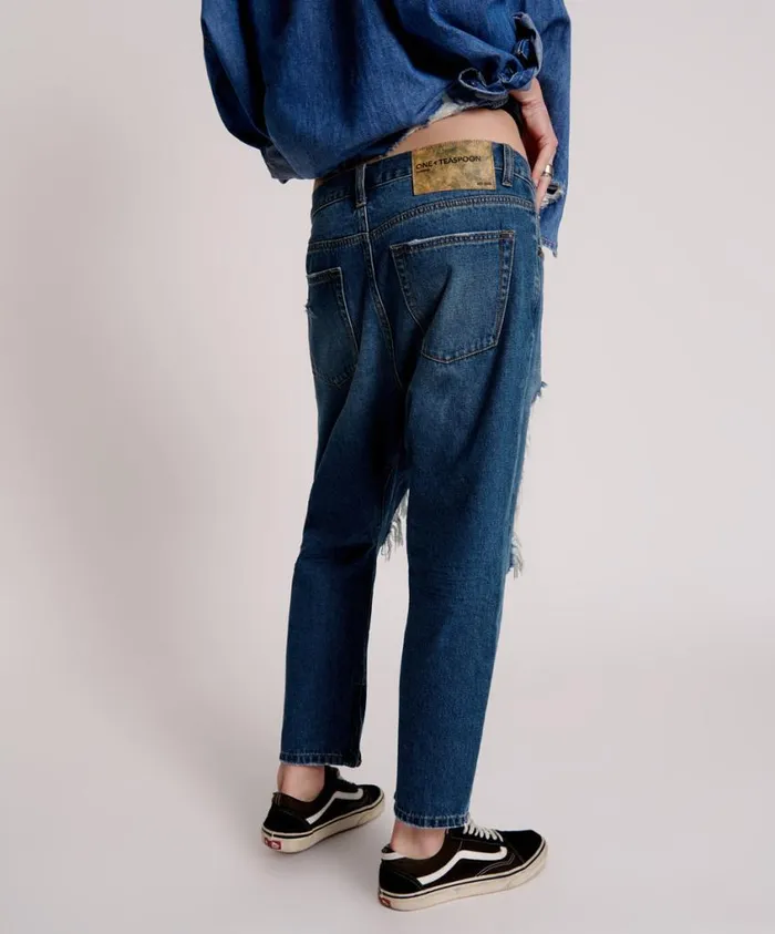 One Teaspoon Denim Jeans Women Bay Blue Kingpins Cropped Boyfriend Jeans