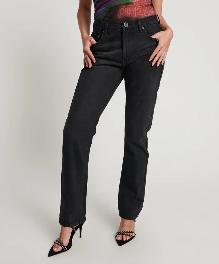 One Teaspoon Denim Jeans Women Black Oak Truckers Mid Waist Straight Leg Jean