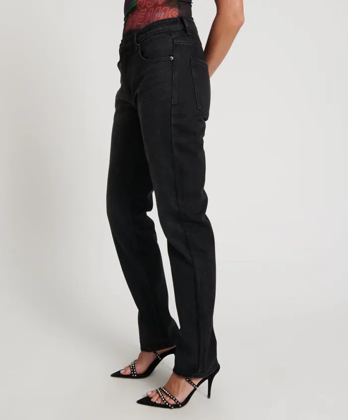 One Teaspoon Denim Jeans Women Black Oak Truckers Mid Waist Straight Leg Jean