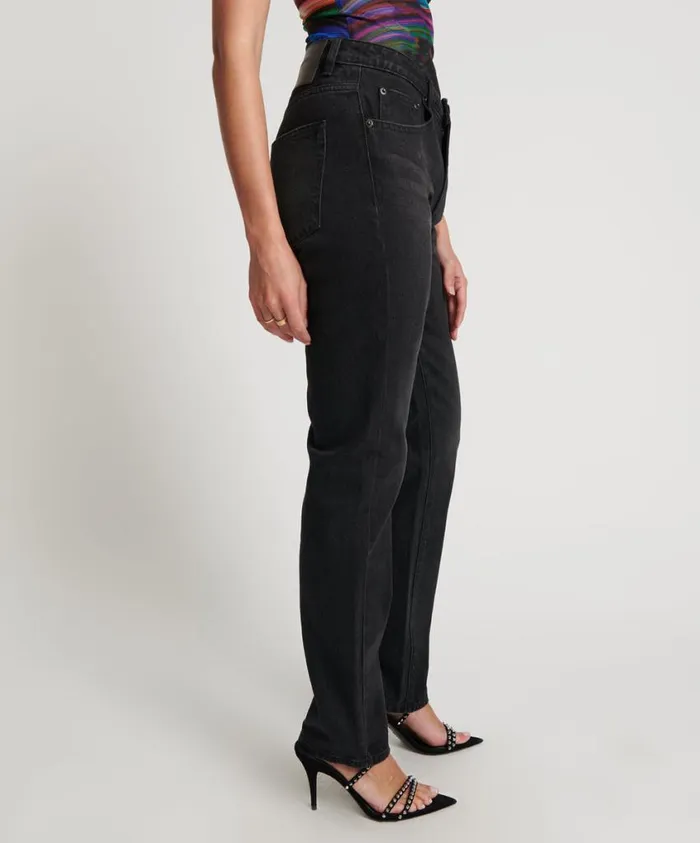 One Teaspoon Denim Jeans Women Black Oak Truckers Mid Waist Straight Leg Jean