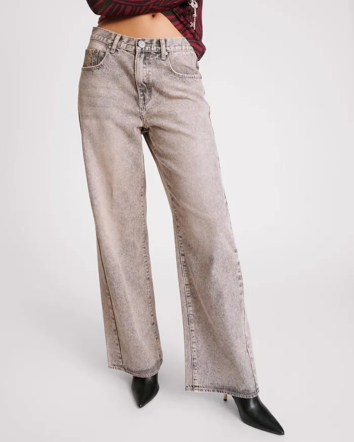 One Teaspoon Denim Jeans Women Dusty Smoke Jackson Mid Waist Wide Leg Jeans