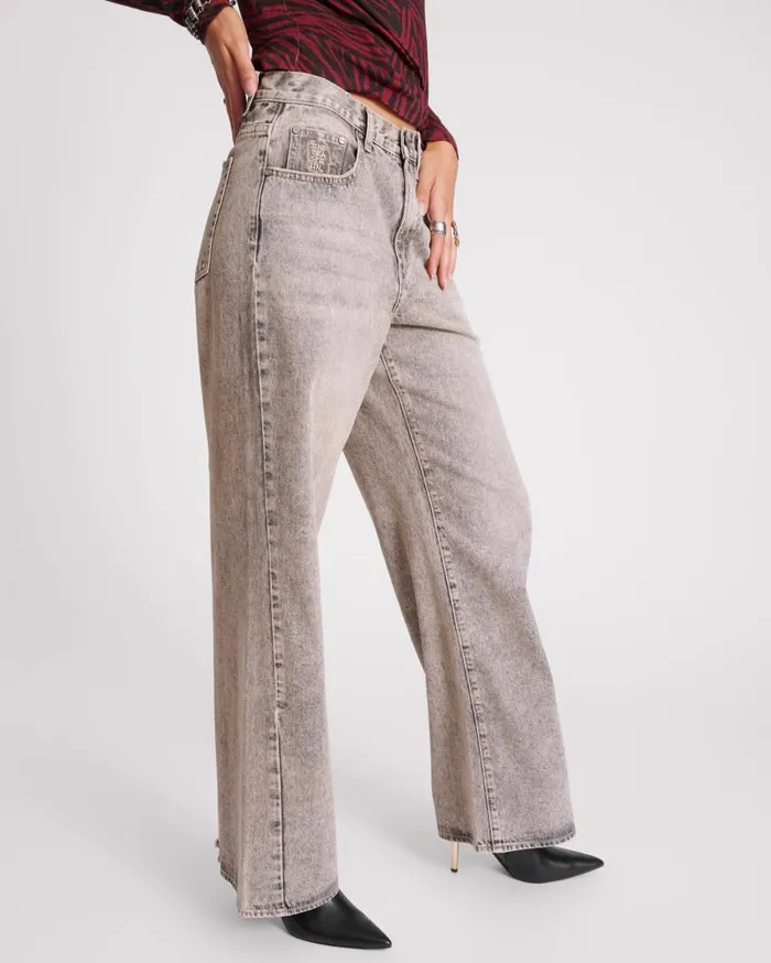 One Teaspoon Denim Jeans Women Dusty Smoke Jackson Mid Waist Wide Leg Jeans