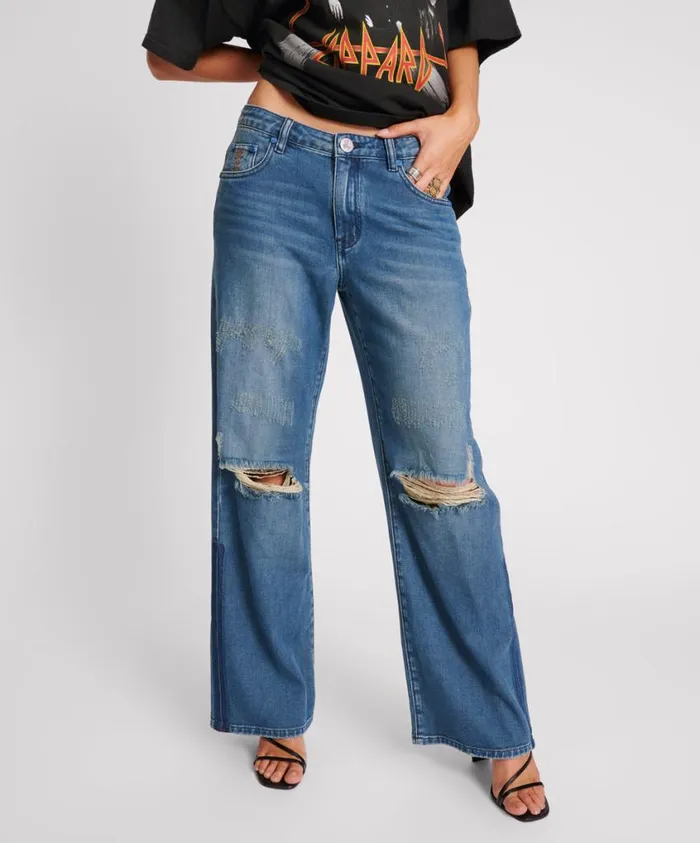 One Teaspoon Denim Jeans Women Gritty Blue Low Riders Low Waist Wide Leg Jeans