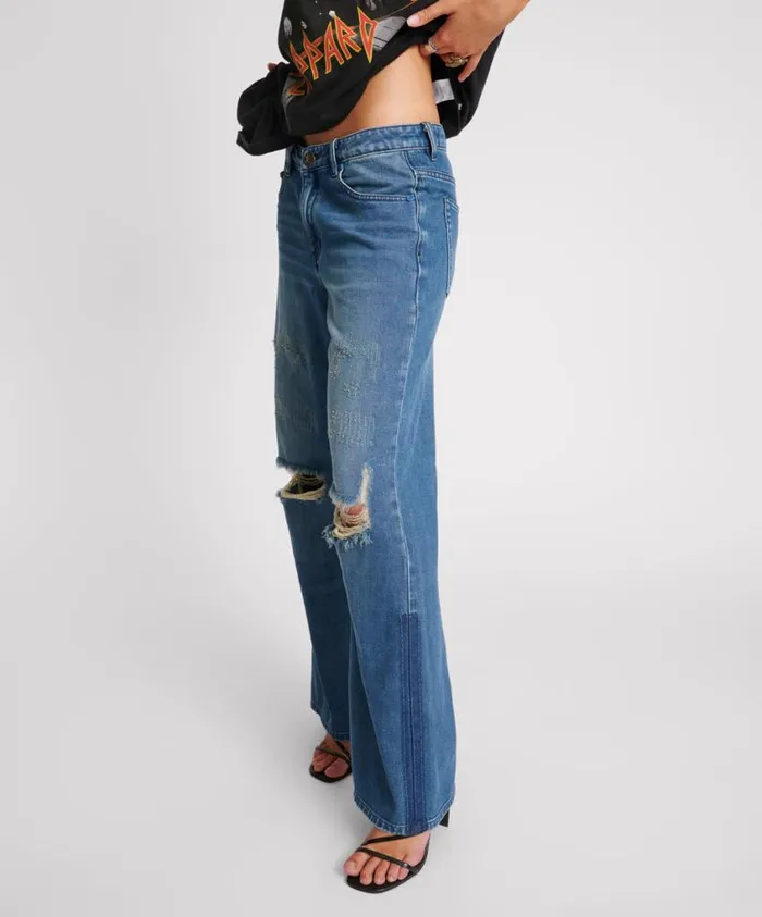 One Teaspoon Denim Jeans Women Gritty Blue Low Riders Low Waist Wide Leg Jeans