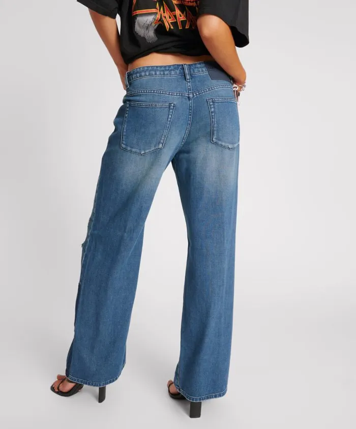 One Teaspoon Denim Jeans Women Gritty Blue Low Riders Low Waist Wide Leg Jeans