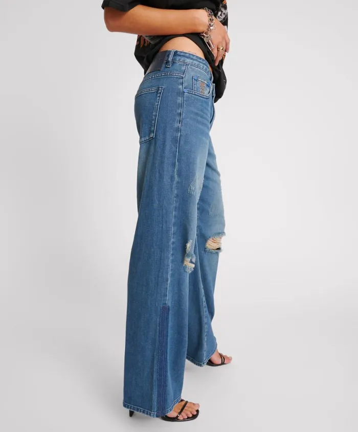 One Teaspoon Denim Jeans Women Gritty Blue Low Riders Low Waist Wide Leg Jeans