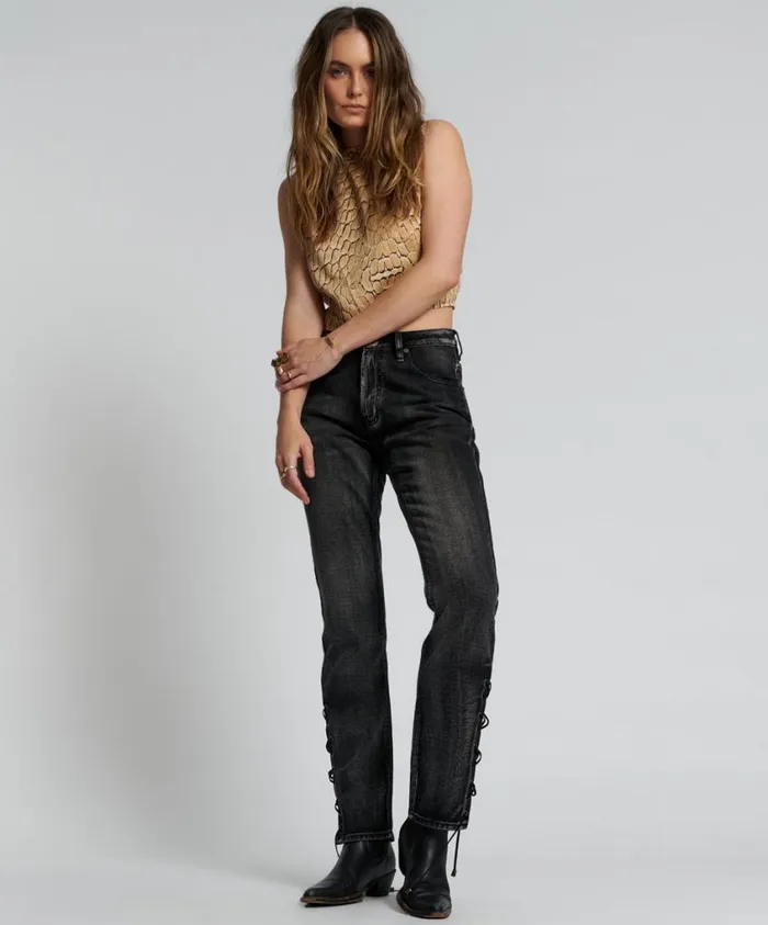 One Teaspoon Denim Jeans Women Laced Awesome Baggies High Waist Straight Leg Jeans One Teaspoon Denim Jeans Women Laced Awesome Baggies High Waist Straight Leg Jeans