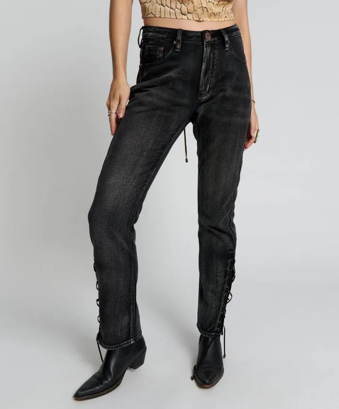 One Teaspoon Denim Jeans Women Laced Awesome Baggies High Waist Straight Leg Jeans