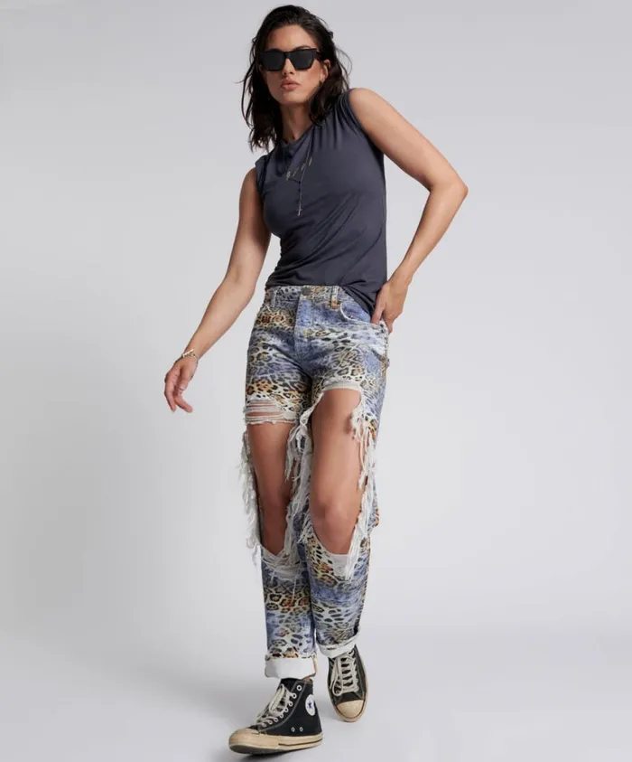 One Teaspoon Denim Jeans Women LEOPARTY TRUCKERS MID RISE STRAIGHT LEG JEANS