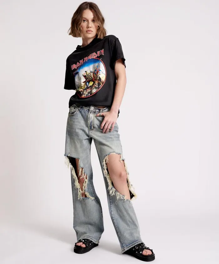 One Teaspoon Denim Jeans Women Old Blue Jackson Mid Waist Wide Leg Jean