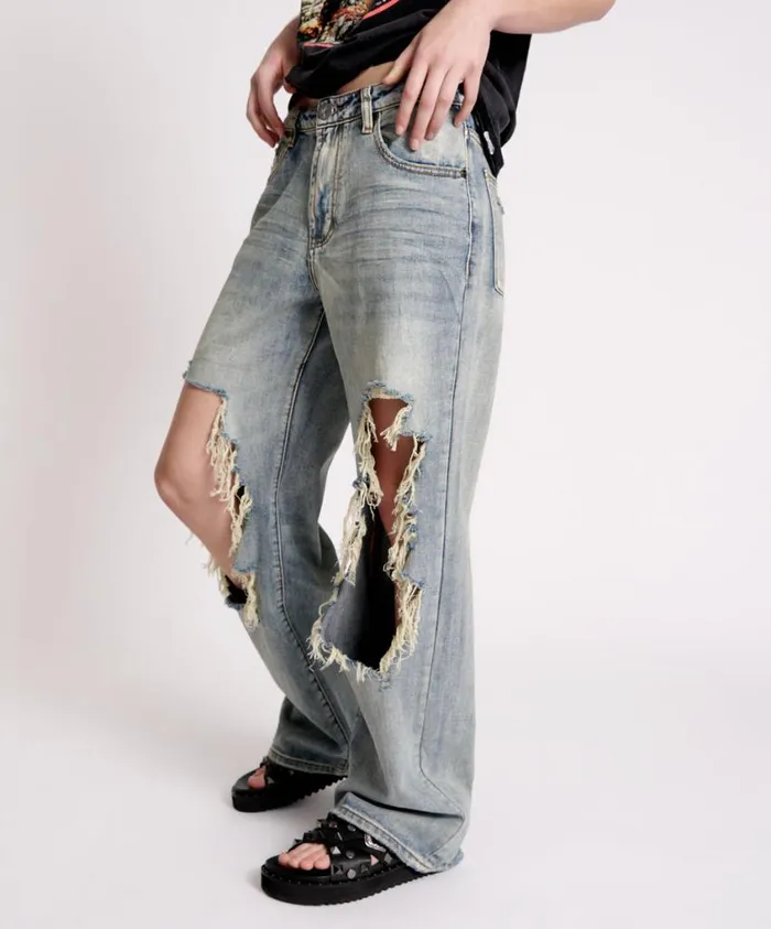 One Teaspoon Denim Jeans Women Old Blue Jackson Mid Waist Wide Leg Jean
