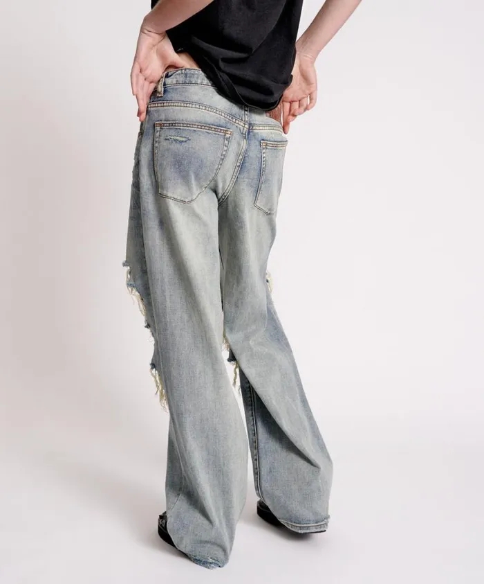 One Teaspoon Denim Jeans Women Old Blue Jackson Mid Waist Wide Leg Jean