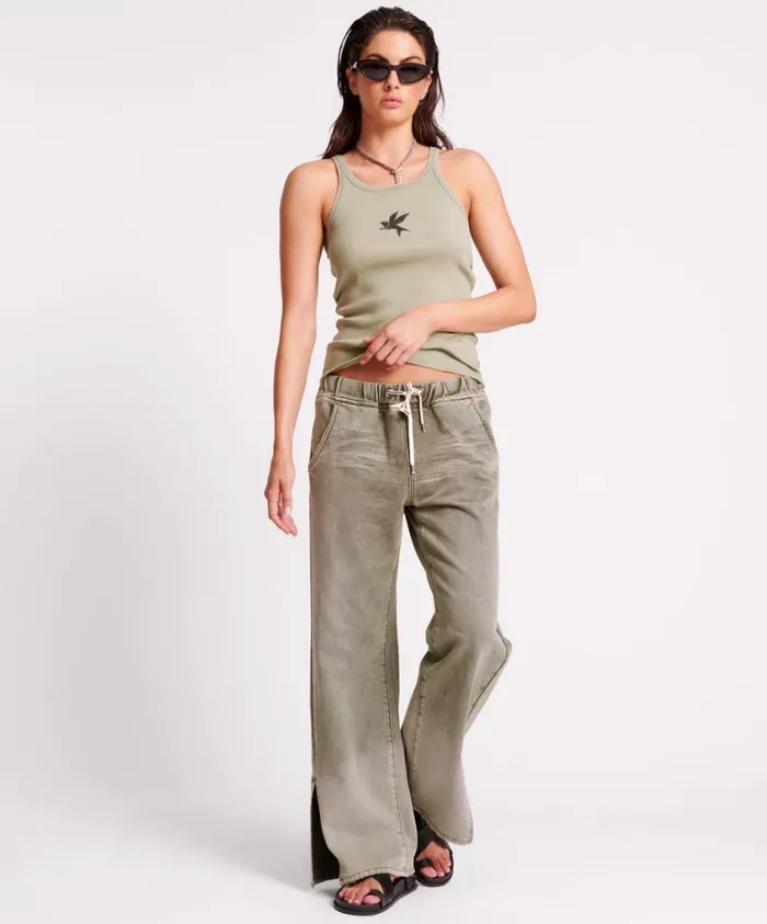 One Teaspoon Denim Jeans Women Old Khaki Roadhouse Wide Leg Drawstring Jeans