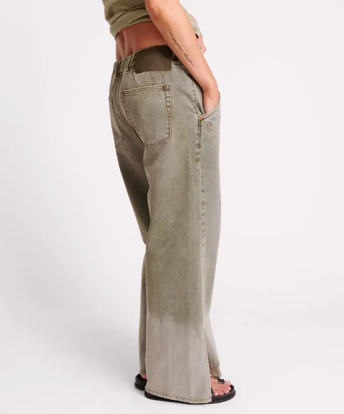 One Teaspoon Denim Jeans Women Old Khaki Roadhouse Wide Leg Drawstring Jeans