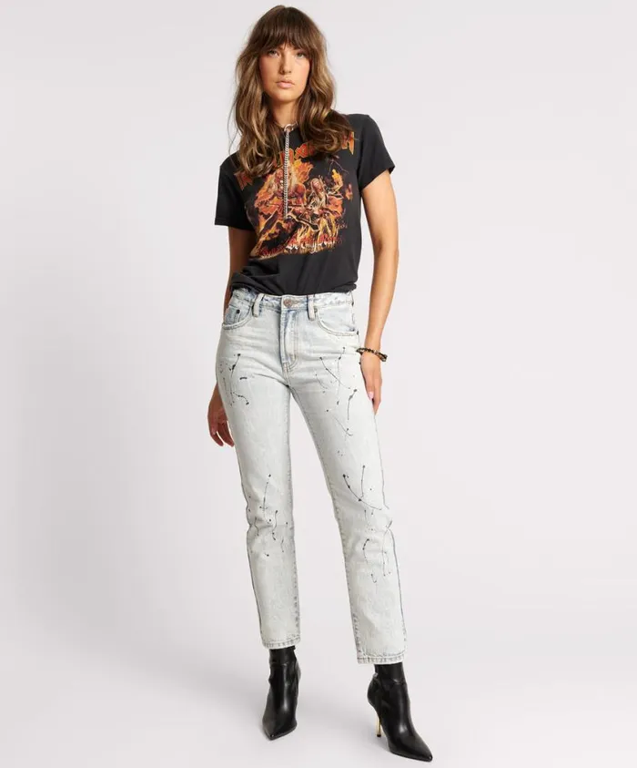 One Teaspoon Denim Jeans Women Painted High Waist Awesome Baggies Jean