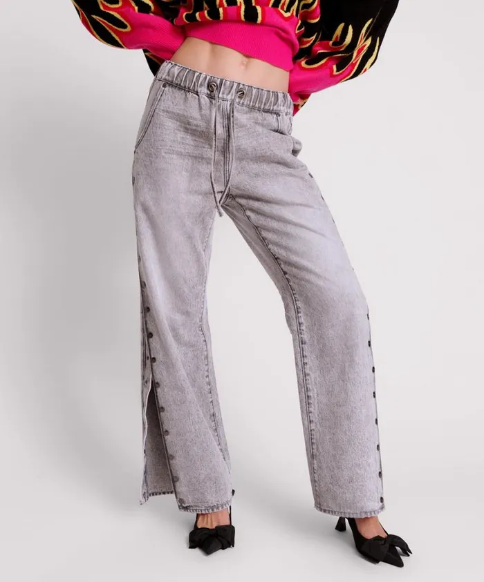 One Teaspoon Denim Jeans Women Slate Acid Roadhouse Wide Leg Drawstring Jeans