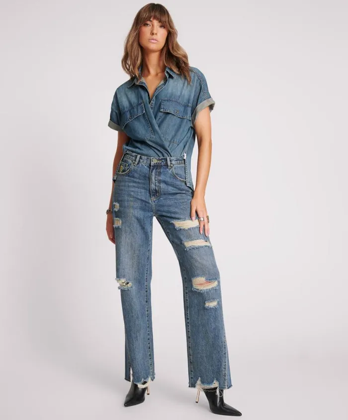 One Teaspoon Denim Jeans Women Used Blue Straight Leg Mid Waist Denim Billie Jeans One Teaspoon Denim Jeans Women Used Blue Straight Leg Mid Waist Denim Billie Jeans