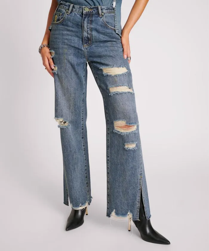 One Teaspoon Denim Jeans Women Used Blue Straight Leg Mid Waist Denim Billie Jeans