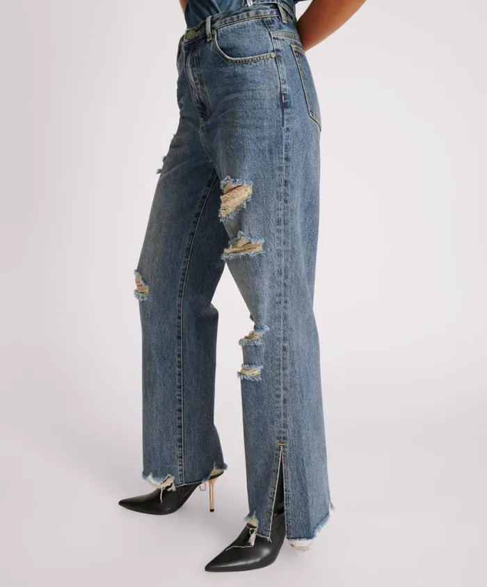 One Teaspoon Denim Jeans Women Used Blue Straight Leg Mid Waist Denim Billie Jeans