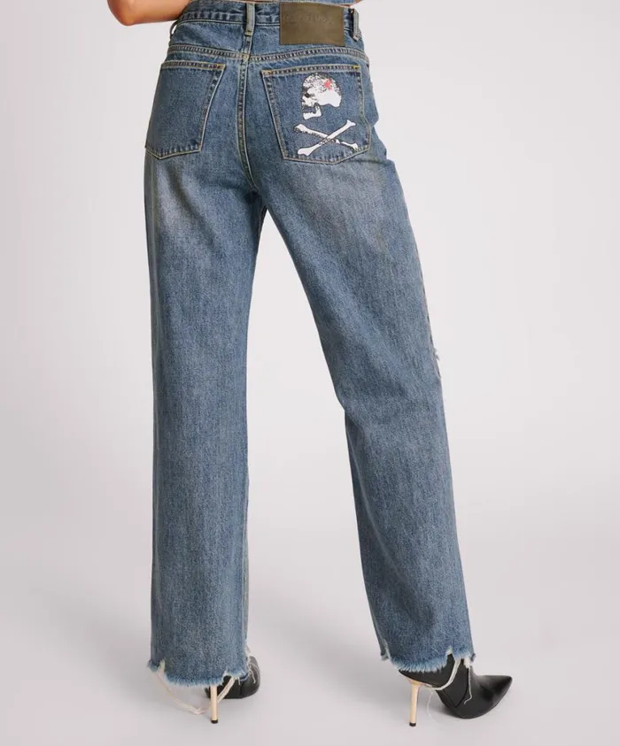 One Teaspoon Denim Jeans Women Used Blue Straight Leg Mid Waist Denim Billie Jeans