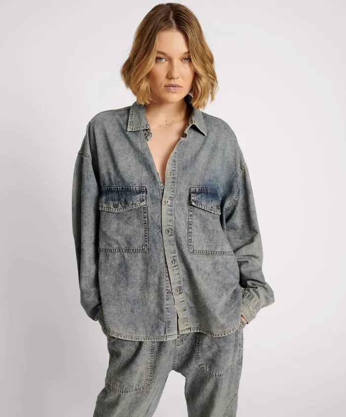 One Teaspoon Denim Shirts Women Dirty Blue Oversized Denim Western Shirt