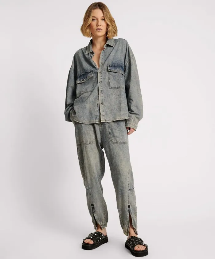 One Teaspoon Denim Shirts Women Dirty Blue Oversized Denim Western Shirt