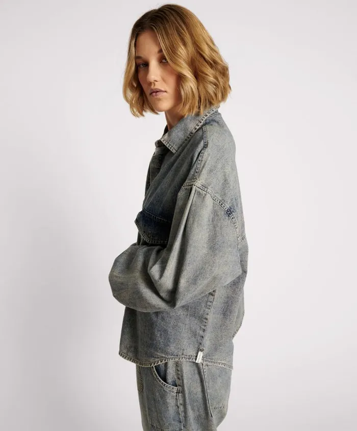 One Teaspoon Denim Shirts Women Dirty Blue Oversized Denim Western Shirt