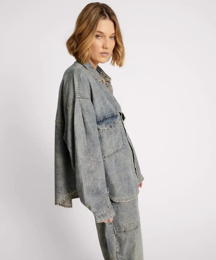 One Teaspoon Denim Shirts Women Dirty Blue Oversized Denim Western Shirt