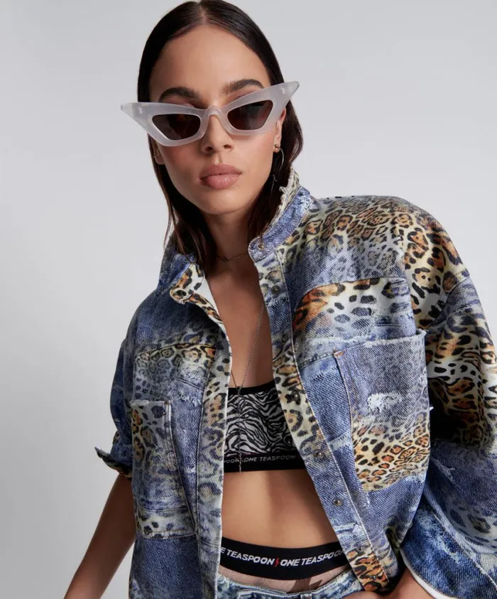 One Teaspoon Denim Shirts Women Leoparty Daria Denim Shacket