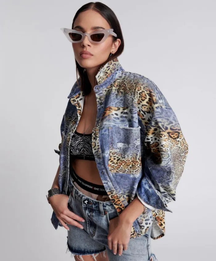 One Teaspoon Denim Shirts Women Leoparty Daria Denim Shacket