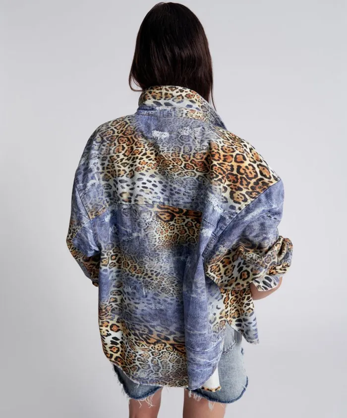 One Teaspoon Denim Shirts Women Leoparty Daria Denim Shacket