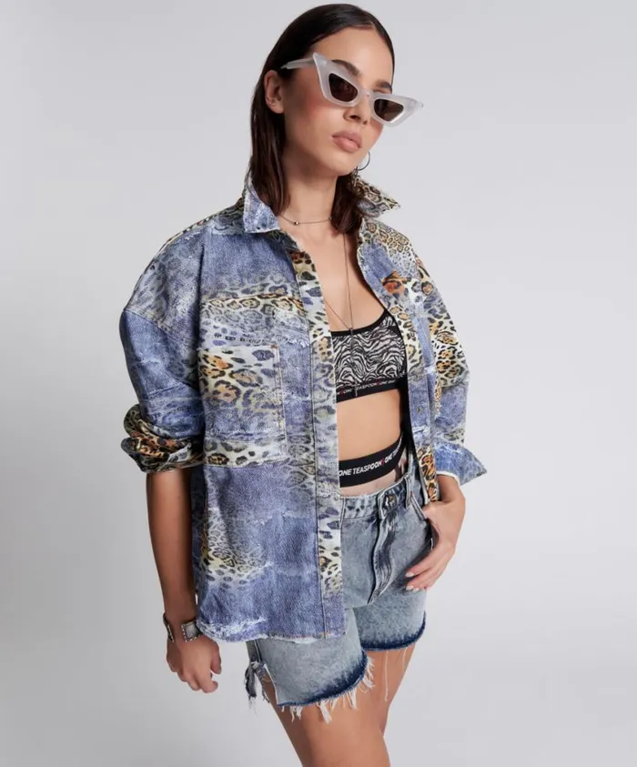 One Teaspoon Denim Shirts Women Leoparty Daria Denim Shacket