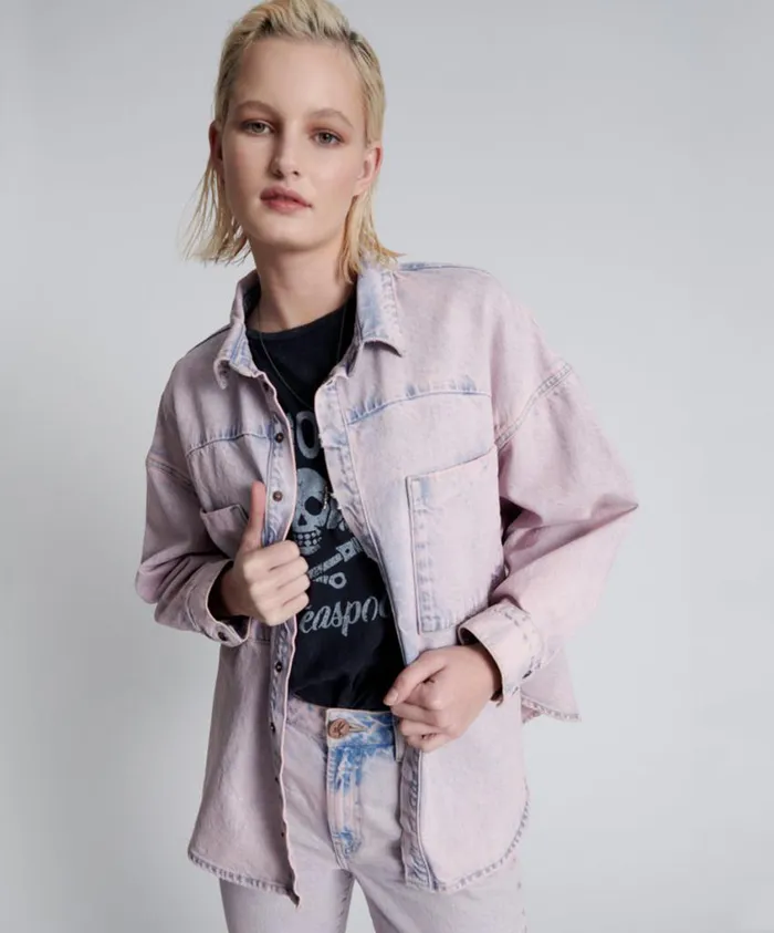 One Teaspoon Denim Shirts Women Pink Haze Long Sleeve Daria Shacket