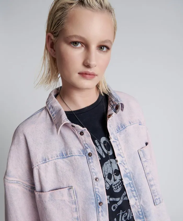 One Teaspoon Denim Shirts Women Pink Haze Long Sleeve Daria Shacket