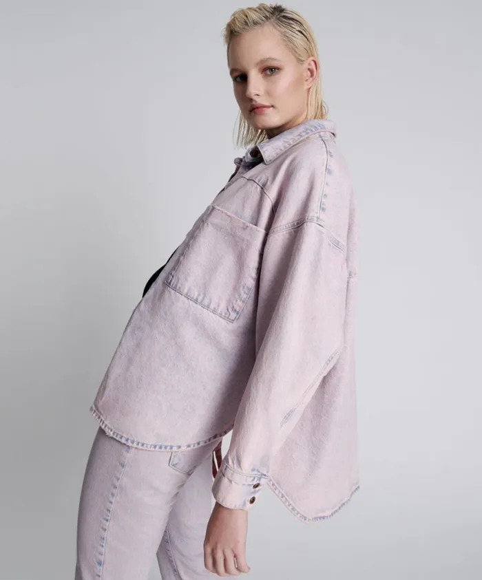 One Teaspoon Denim Shirts Women Pink Haze Long Sleeve Daria Shacket
