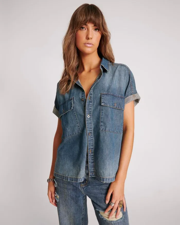 One Teaspoon Denim Shirts Women Used Blue Cut Off Denim Shirt