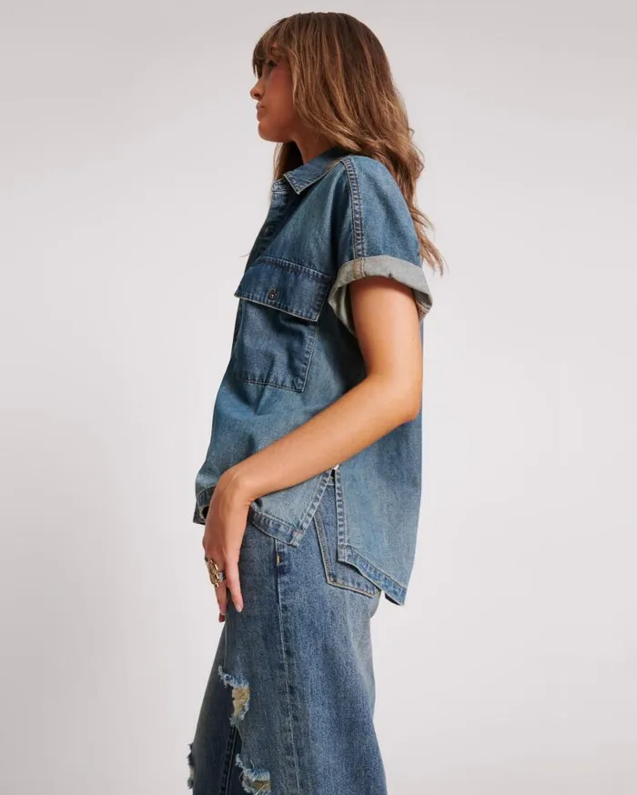 One Teaspoon Denim Shirts Women Used Blue Cut Off Denim Shirt