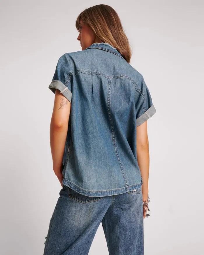 One Teaspoon Denim Shirts Women Used Blue Cut Off Denim Shirt