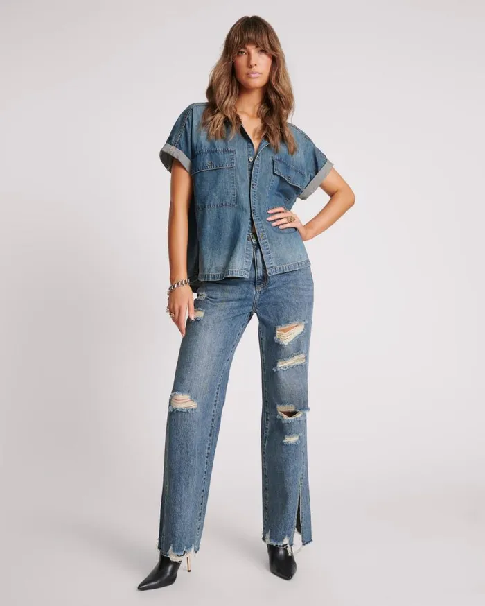 One Teaspoon Denim Shirts Women Used Blue Cut Off Denim Shirt