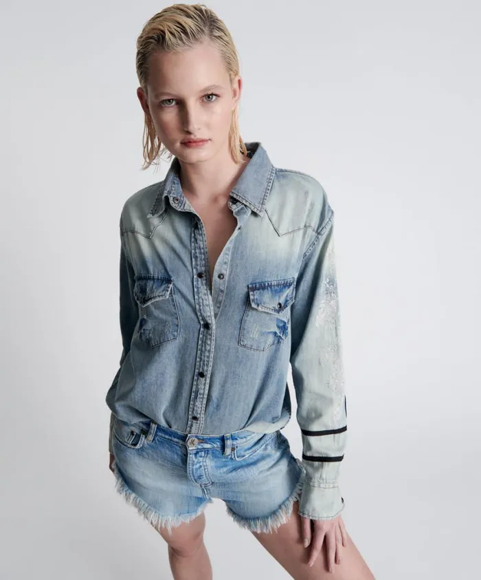 One Teaspoon Denim Shirts Women Wolfgang Embroidered Western Shirt