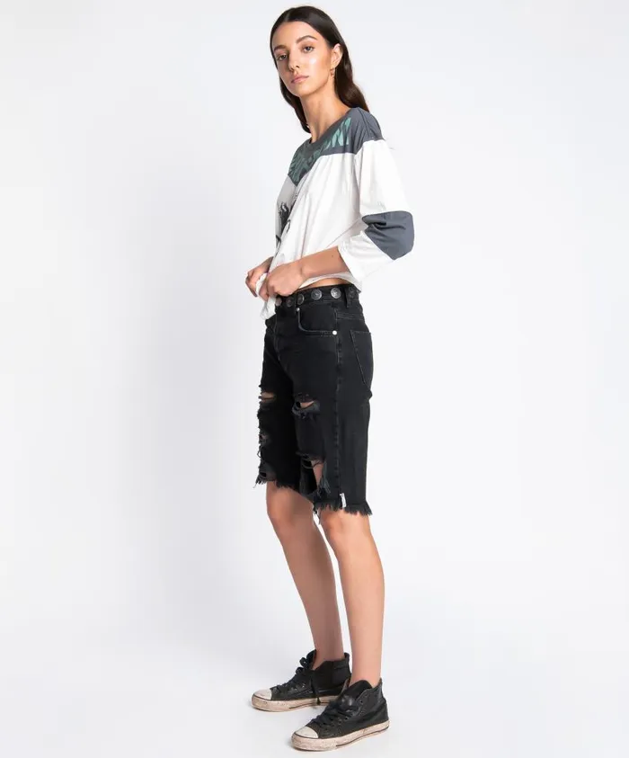 One Teaspoon Denim Shorts Women Black Cut Off Truckers Relaxed Short
