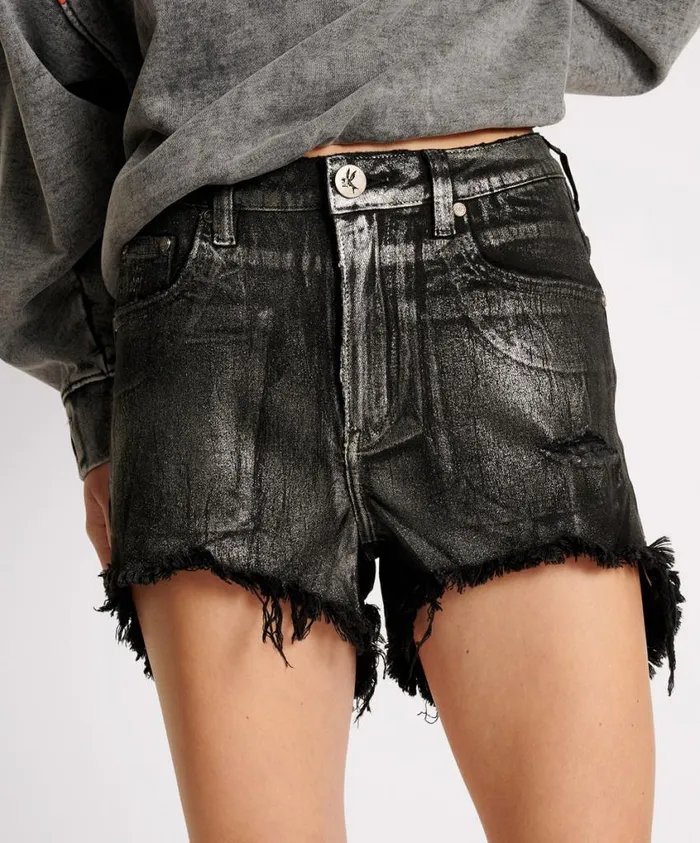 One Teaspoon Denim Shorts Women Black Foil Bonitas High Waist Denim Short